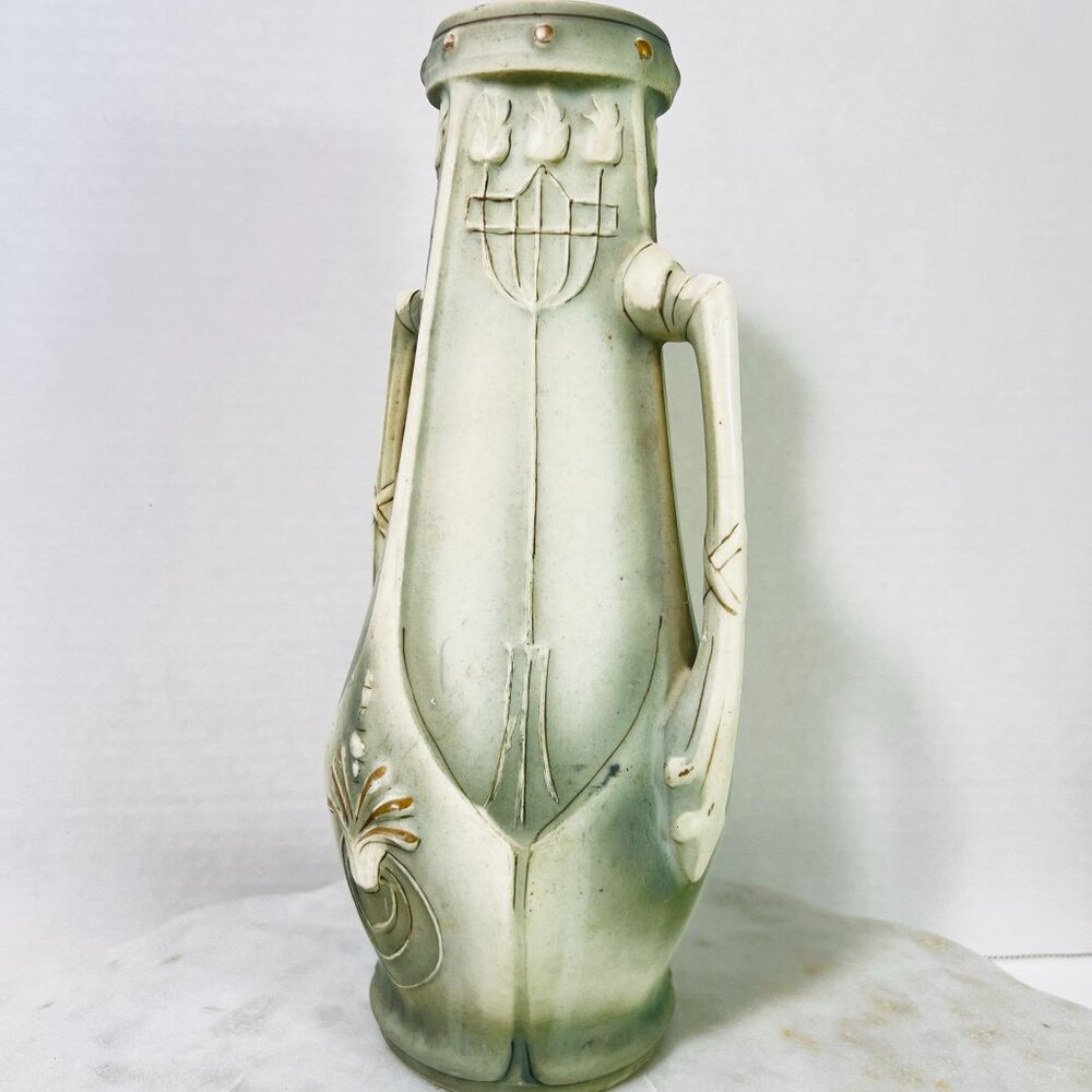 Art Nouveau Ceramic Bud‎ Vase Green Gray 1900 Twin Handles 10" X 5"